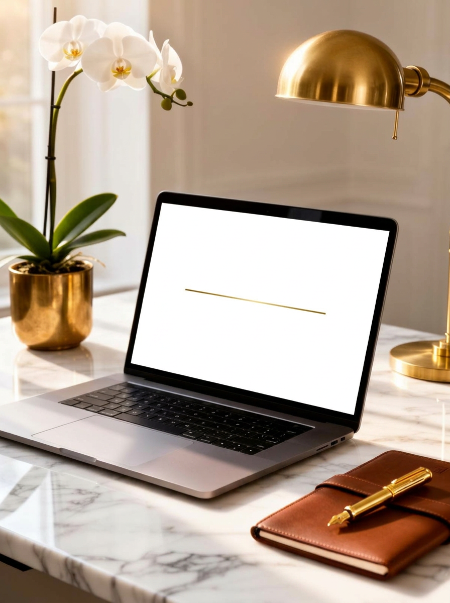 VEXORA studio workspace — laptop on marble with brass desk lamp and orchid